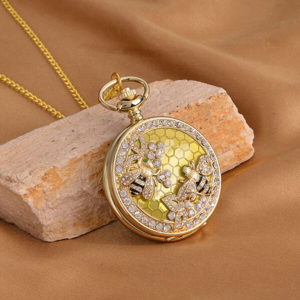 STRADA wei&szlig;e Kristall Taschenuhr mit 79cm Kette im Bienenstock-Design, Japanisches Uhrwerk image number 2