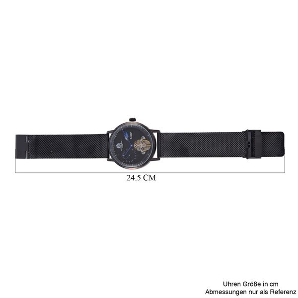 William Hunt Automatik-Uhr - IP-schwarzbeschichtetes Edelstahlgehäuse, schwarzes Multifunktionszifferblatt mit gewölbtem Glas, Edelstahl-Mesh-Armband, Glasboden, 5 ATM wasserdicht, Reiner Edelstahl image number 7