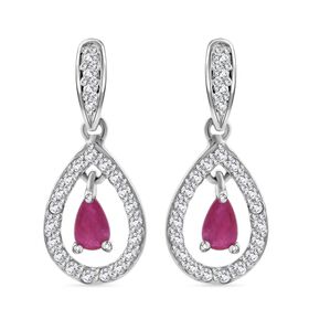 Burma-Rubin, Weißer Zirkon Ohrringe 925 Silber rhodiniert ca. 0.85 ct