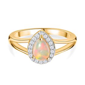 AA Natürlicher, äthiopischer Welo Opal, Weißer Zirkon Ring 925 Silber vergoldet (Größe 19.00) ca. 0,71 ct