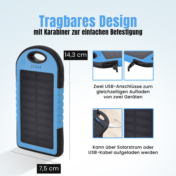 Homesmart Solar Powerbank mit LED-Licht, 14,3&times;7,5cm, Blau image number 3