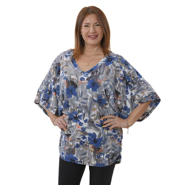 TAMSY - Drapiertes Top mit V-Ausschnitt, One Size, grau/blau
