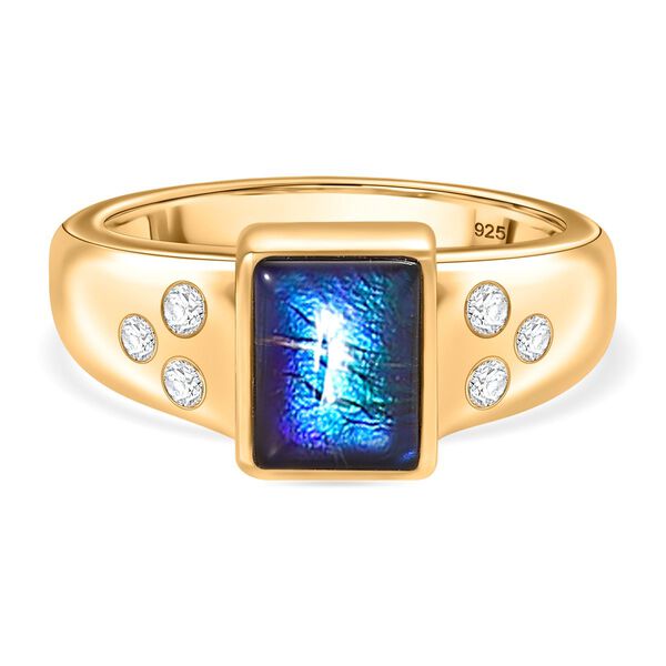 Ammolit, Wei&szlig;er Zirkon Baguetteschliff Ring, 925 Silber, 750 Gelbgold Vermeil (Gr&ouml;&szlig;e 19.00) ca. 1.54 ct