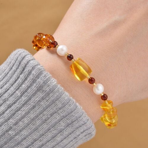 Bernstein, Weiße Süßwasser Perle Armband Flexibel image number 1