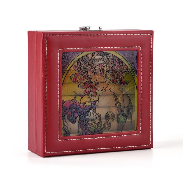 "PU with Suncatcher glass window Ring box,  Size:15.5x15.5x5.5cm, center glass size:11.5cmD, Material: PU+Glass Weight: about 297g. Color: Wine Red" image number 5