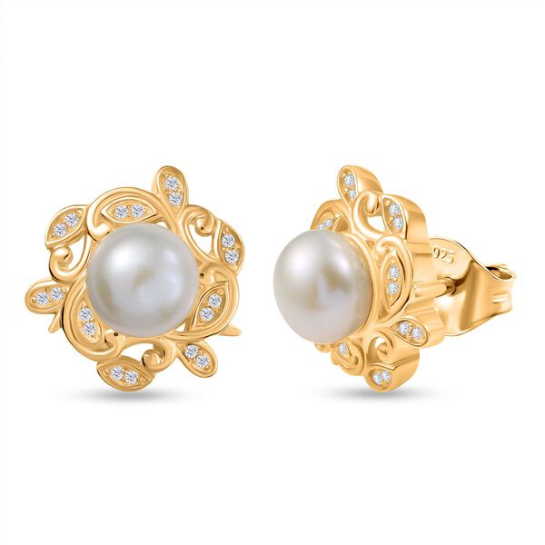 S&uuml;&szlig;wasser Perle (7-7.5 mm), Wei&szlig;er Zirkon Ohrringe, Messing image number 0