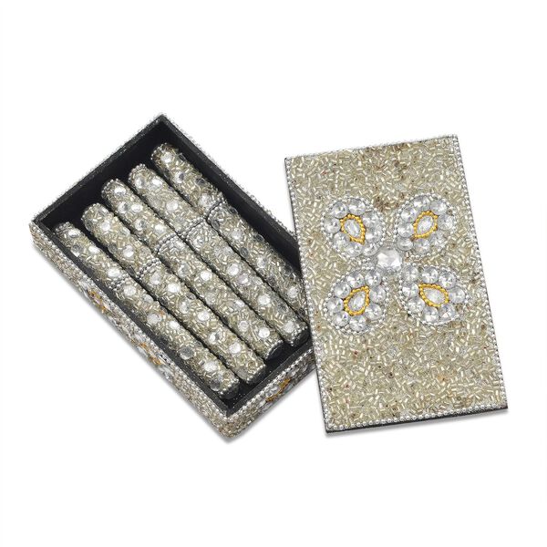 Perlenverziertes Schreibset 6 teilig, Tagebuch 10 x 15 cm, Aufbewahrungsbox, 5 Kugelschreiber, Silber image number 5