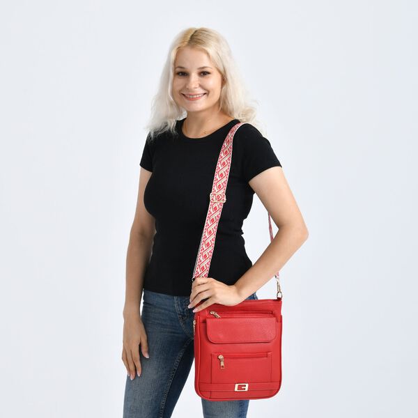 Crossbody-Tasche mit gewebtem Schulterriemen und Reißverschlussfächern, 24x28 cm, Rot image number 3