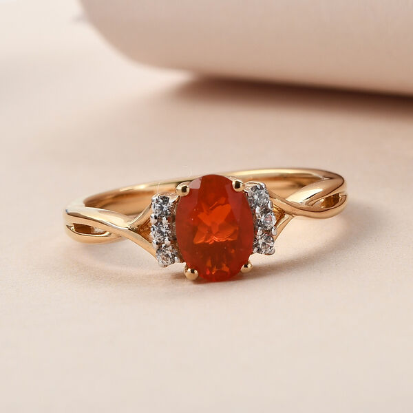 Mexikanischer Kirschfeuer-Opal und Zirkon Ring 925 Silber vergoldet  ca. 0,66 ct image number 2