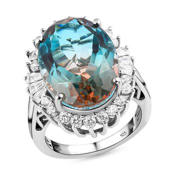 Aqua Terra Costa Quarz Triplett und Zirkon-Halo-Ring, 925 Silber vergoldet, 14,79 ct.