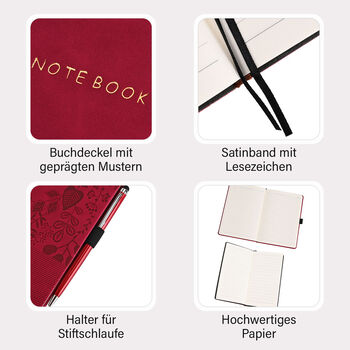 Premium Set; Notizbuch und Taschentagebuch mit geschnitztem, samtigem Hardcover und Kugelschreiber, Rot