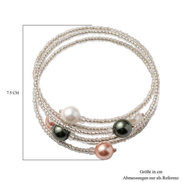 3er-Set- flexible, mehrfarbige Muschelkernperlen-Armbänder in Silberton image number 3