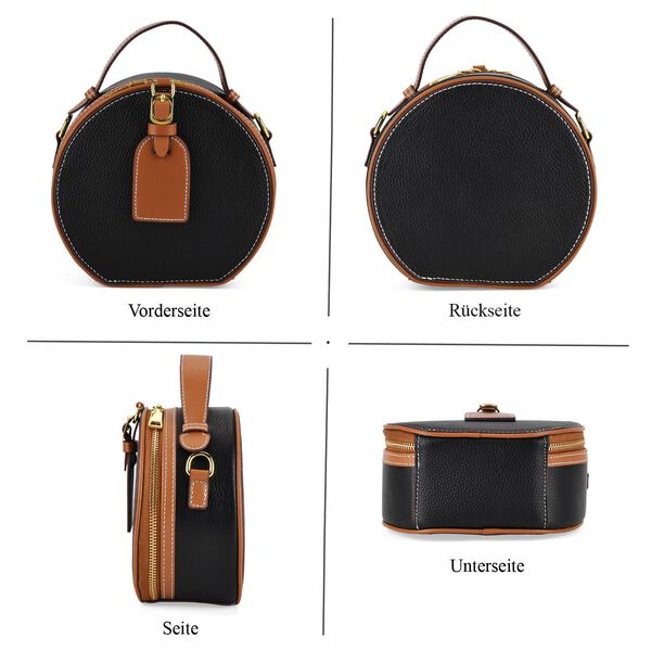 lifestyle-Color:Black with tan ;size/Profile:  Crossbody bag:wall(exterior);Genuine Leather. Lining(interior):polyester  Pockets(exterior):zipped-1;Pockets(interior):pocket-1                                Measurement:11*8*16CM image number 4
