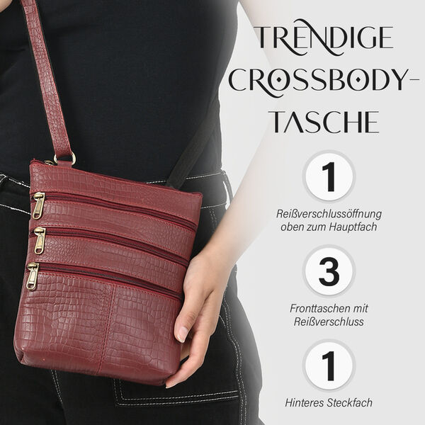 Echtleder Crossbody Tasche mit Kroko-Pr&auml;gung, Bordeaux image number 2