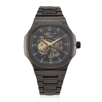 GENOA - Automatikuhr mit Skelett-Design, Edelstahlarmband, 3ATM wasserdicht, Gr&uuml;nes Zifferblatt, Schwarzplattierung, ca. 20 cm