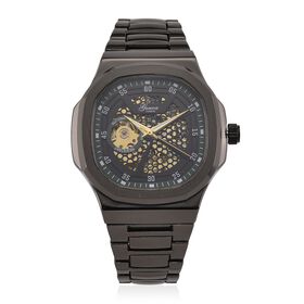 GENOA - Automatikuhr mit Skelett-Design, Edelstahlarmband, 3ATM wasserdicht, Grünes Zifferblatt, Schwarzplattierung, ca. 20 cm