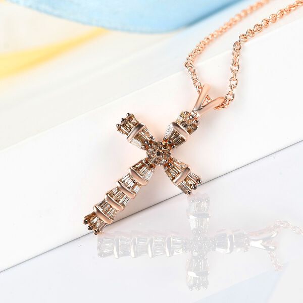 Champagner Diamant Kreuz-Anh&auml;nger mit Kette image number 2