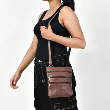 Echtleder Crossbody Tasche mit Kroko Pr&auml;gung, Multi-F&auml;cher, 20 x 24 cm, Cognac