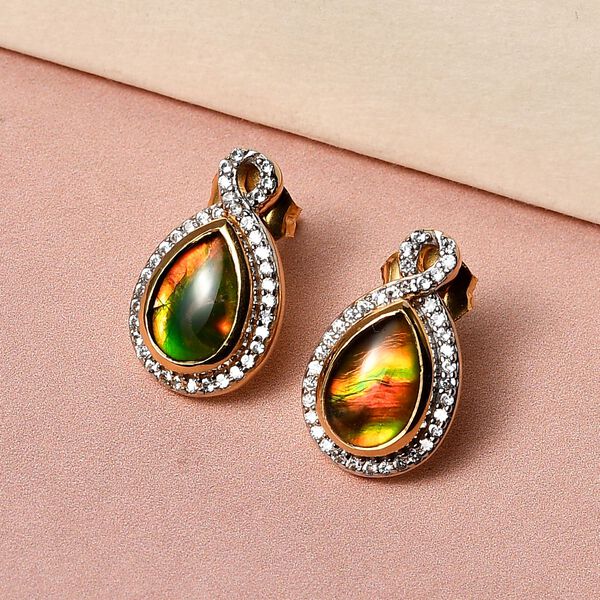 Kanadische Ammolit und weiße Zirkon-Ohrringe, 925 Silber Gelbgold Vermeil ca. 2.85 ct image number 2