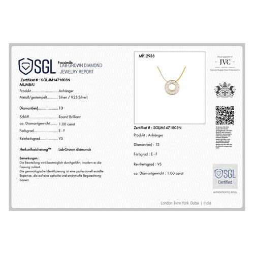 LUXURIANT DIAMOND- SGL zertifizierter VS EF Labor Diamant Anhänger mit 50cm Kette, 925 Silber Gelbgold Vermeil - 1 ct. image number 3