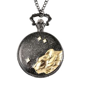 STRADA Taschenuhr mit Wolfmotiv, Japanisches Quarzwerk, Schwarzplattierung, inkl. 78,7cm Kette