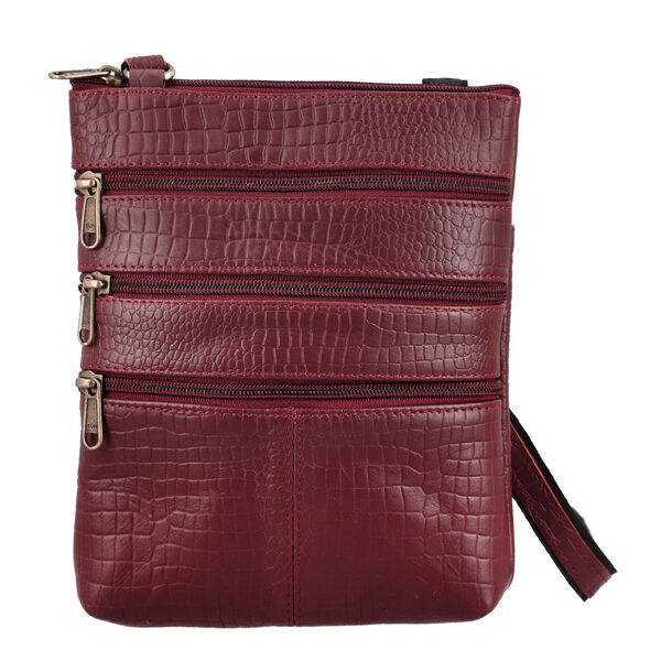 Echtleder Crossbody Tasche mit Kroko-Pr&auml;gung, Bordeaux