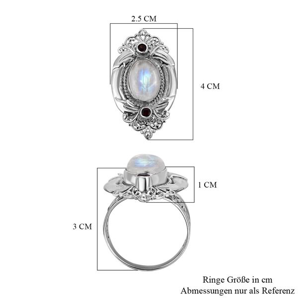 Royal Bali Kollektion - Regenbogen-Mondstein, roter Granat Ring, 925 Silber (Größe 16.00) ca. 7.12 ct image number 5