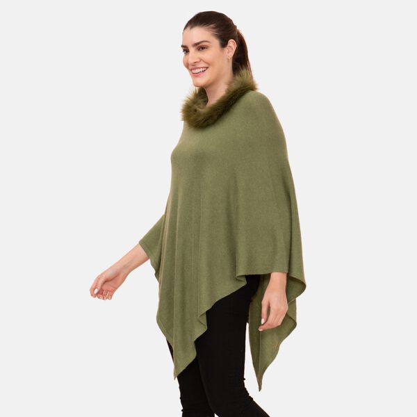 LA MAREY - Kaschmir Poncho mit Kunstfell Bordüre, Olivgrün image number 4