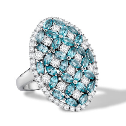 D'Joy AA Blauer Apatit, Wei&szlig;er Zirkon Ring 925 Silber Rhodiniert (Gr&ouml;&szlig;e 20.00) ca. 4,90 ct