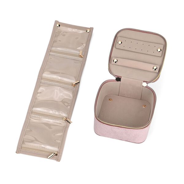 Samt-Schmuckbox mit 4 transparenten Schmuckbeuteln, 12x12x7 cm, Rosa image number 5