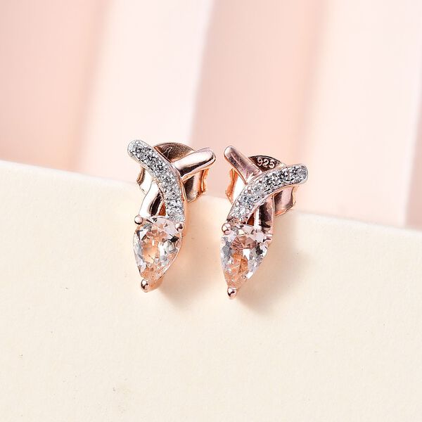 AA Morganit, Wei&szlig;er Zirkon Ohrringe 925 Silber 750 Ros&eacute;gold Vermeil ca. 0,88 ct. image number 2