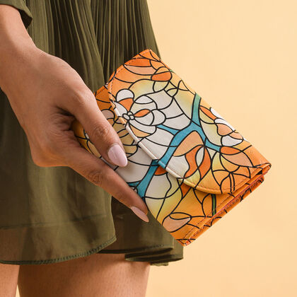 Sukriti - handbemalte Bi-Fold Geldbörse aus echtem Leder mit RFID Schutz, Blumenmuster, Größe 14x9,52 cm, Orange