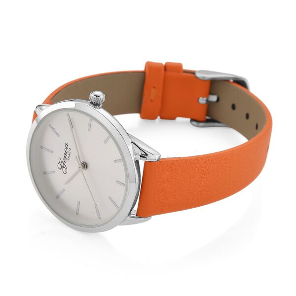 GENOA TIME V2 - Quarzuhr mit japanischem PC21S Werk, wei&szlig;em Zifferblatt und orangem Lederarmband, Edelstahl Geh&auml;use, 3 ATM wasserdicht image number 6