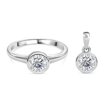 2er Set - Moissanit Ring und Anh&auml;nger, 925 Silber platiniert (Gr&ouml;&szlig;e 17.00) ca. 1.50 ct