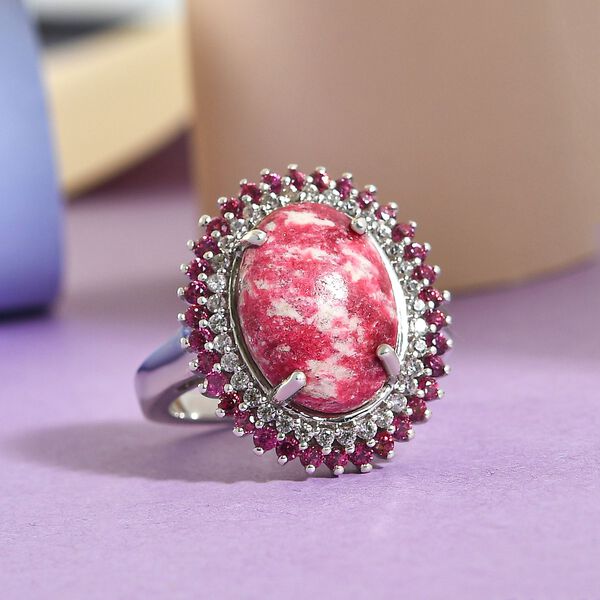 Norwegischer Thulit und Rhodolith Granat-Ring, 925 Silber platiniert  ca. 7,92 ct image number 2