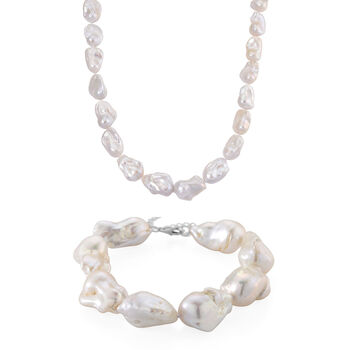 D'Joy Wei&szlig;e Barockperle 50cm Halskette und 19+5cm Armband