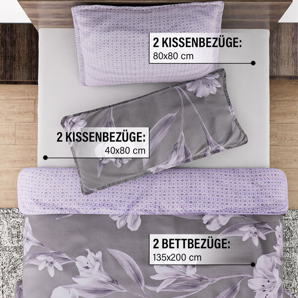 6-tlg. Bettwäsche-Garnitur mit doppelseitigem Druck, Blumenmuster, grau image number 3
