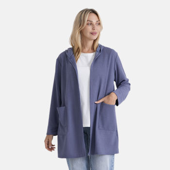 LA MAREY Langstrick-Cardigan mit Kapuze und Taschen, 59 cm Brustweite, 82 cm L&auml;nge, bis zu Gro&szlig;e XL - Einheitsgr&ouml;&szlig;e, Blau