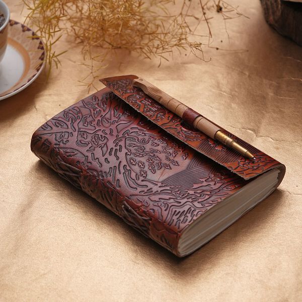 Handgefertigtes Lebensbaum-Journal aus 100% echtem Leder mit Holzstift, rot image number 3
