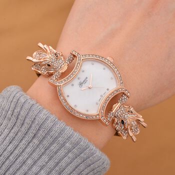 GENOA Kristall Uhr mit japanischem Miyota-Uhrwerk und braunem Lederarmband in Ros&eacute;goldton, 24cm