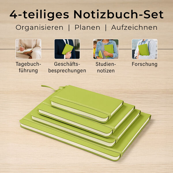 4-teiliges Notizbuch-Set mit Gummibandverschluss, Kunstleder und Papier, verschiedene Größen, Grün image number 1