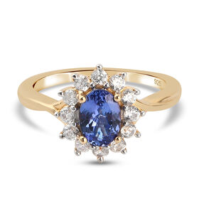 Tansanit und Zirkon Halo Ring 925 Silber Gelbgold Vermeil