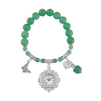 STRADA - Japanisches Uhrwerk, Gr&uuml;ner Aventurin, Wei&szlig;er Kristall Flexible Uhr 18.5 cm 316L Edelstahl ca. 25.30 ct