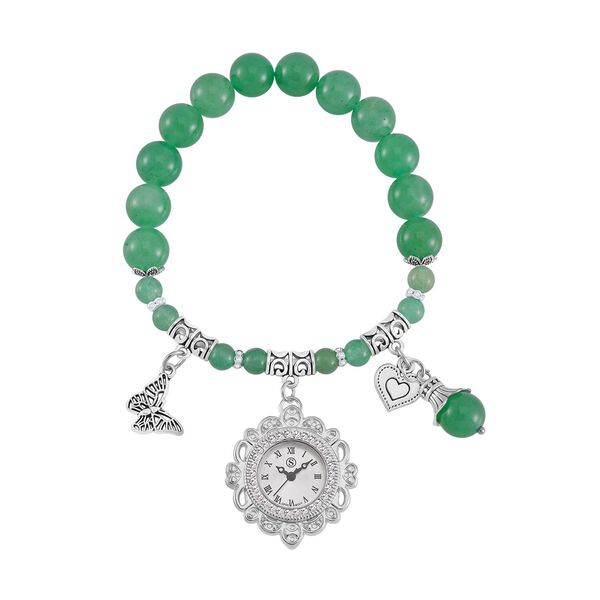 STRADA - Japanisches Uhrwerk, Gr&uuml;ner Aventurin, Wei&szlig;er Kristall Flexible Uhr 18.5 cm 316L Edelstahl ca. 25.30 ct