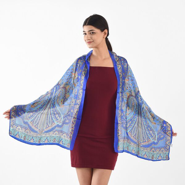 100% Seidenschal, bedruckt mit Paisleymuster, 50x160cm, Blau image number 2