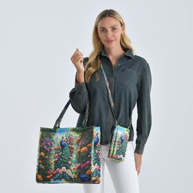 Pfau Muster Design Set, Shopper und Handy Umh&auml;ngetasche, 40 x 12 x 35 cm, Mehrfarbig