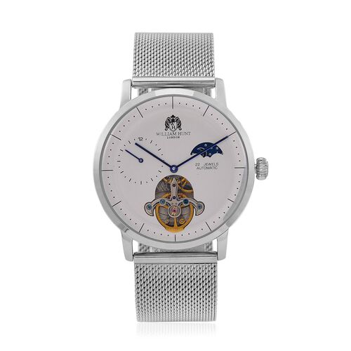 William Hunt Automatik-Uhr - IP-schwarzbeschichtetes Edelstahlgehäuse, weißes Multifunktionszifferblatt mit gewölbtem Glas, Edelstahl-Mesh-Armband, Glasboden, 5 ATM wasserdicht, Reiner Edelstahl image number 0
