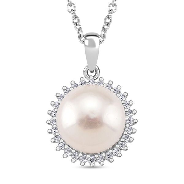 Weiße Süßwasser Perle und Zirkonia Anhänger mit 50cm Kette image number 0