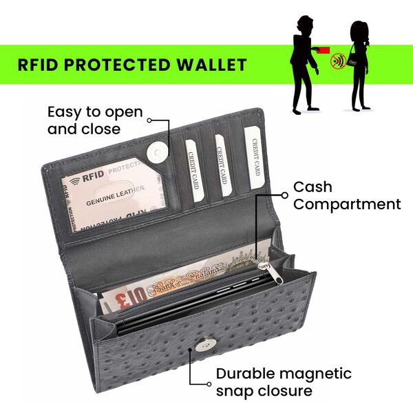 Geldb&ouml;rse aus 100% echtem Leder mit Strau&szlig;en-Pr&auml;gung, RFID Schutz, Schwarz image number 4