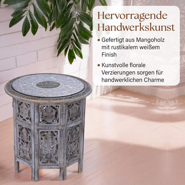 NAKKASHI - handgeschnitzter klappbarer Tisch aus Mangoholz mit handgeprägter Aluminiumplatte, 53x53x53 cm, weiß image number 2